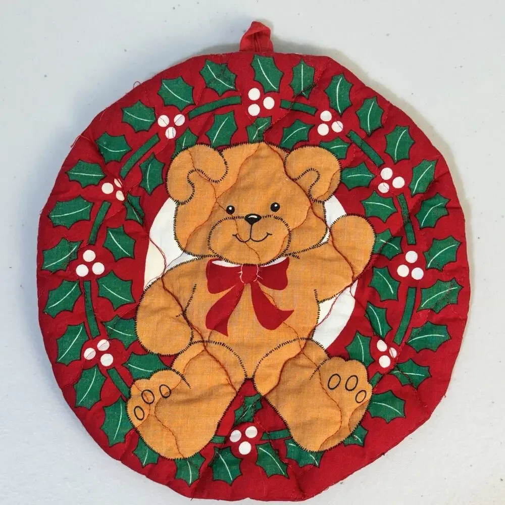 VTG Set Of 2 Christmas Teddy Bear 8.5” Round Red Quilted Fabric Pot Holder